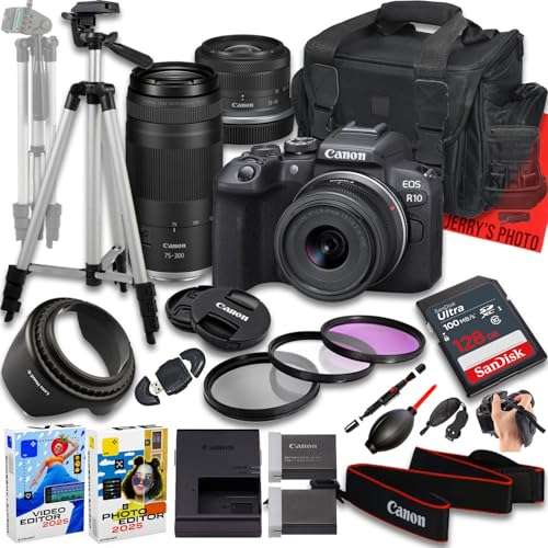 Image of Canon EOS R10 Mirrorless Camera with RF-S 18-45mm f/4.5-6.3 is STM and RF 75-300mm f/4-5.6 Lens + 128 GB Memory + Extra Battery + Camera Case + Tripod + More (24pc Bundle) (Renewed)