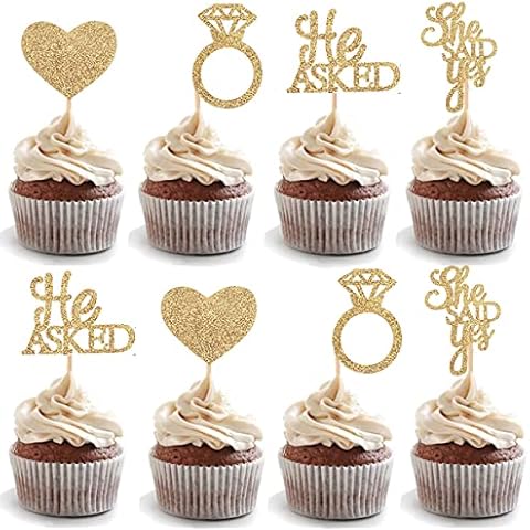 He Asked She Said Yes Cake Toppers,24 Pcs Diamond Ring Heart Cupcake Topper Cake Picks for Wedding Engagement Party Cake Decorations (Gold) Cover