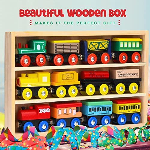 Wooden Train Set 12 Pcs - Train Toys Magnetic Set Includes 3 Engines - Toy Train Sets For Kids Toddler Boys And Girls - Compatible With All Major Brands - Original - By Play22 #TOP5