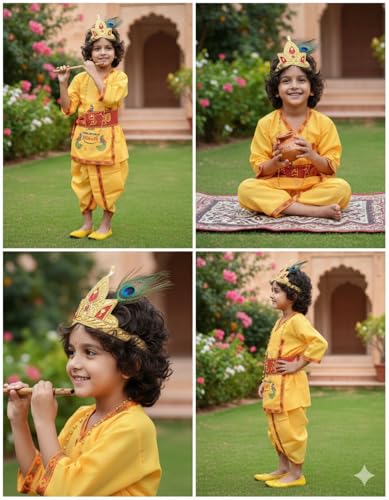 Image of BookMyCostume Cotton Krishna Dress For Baby Boy|Print Shri Krishna Costume For Kids With Patka,Flute,Mukut & Mala|Janmashtami Photoshoot Outfit|Fancy Dress Roleplay Costume For Kids|6-12 Months