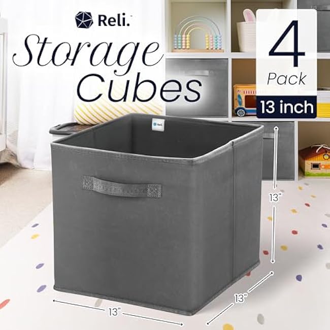 Reli. 13x13x13 Storage Cube Bins (4 Pack) | Large Cube Organizer Bins | 13x13 Fabric Storage Boxes | Fits Kallax | Collapsible, Foldable Fabric Cubby Box (Square) | Kids Room Organization (Dark Gray)