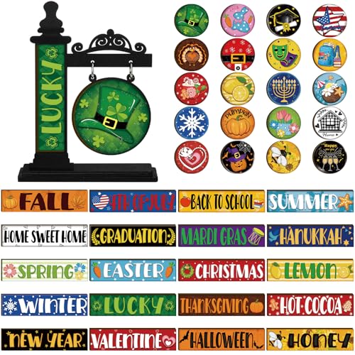 RattanView 41 Pcs Interchangeable Seasonal Decor Mini Standing Sign Farmhouse Convertible Seasonal Wood Welcome Sign for Halloween Thanksgiving Christmas Holiday Table Decor(Black)