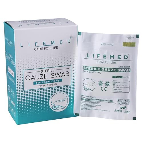 Image of LIFEMED Sterile Gauze Swab 5cm x 5cm 12-Ply Type-17 | Highly Absorbent Cotton Gauze Pads for Wound Dressing, First Aid, and Medical Use (Box of 10 Pouches - 40 Swabs)