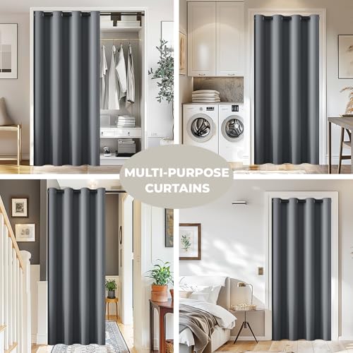JCyh blickdichter Türvorhang mit Teleskopstange, einfache Montage ohne Bohren, 1 Stück Verdunkelungsvorhang Grau H 195 x B 132 cm für Zimmer tür, Stange Schwarz 70-128 cm