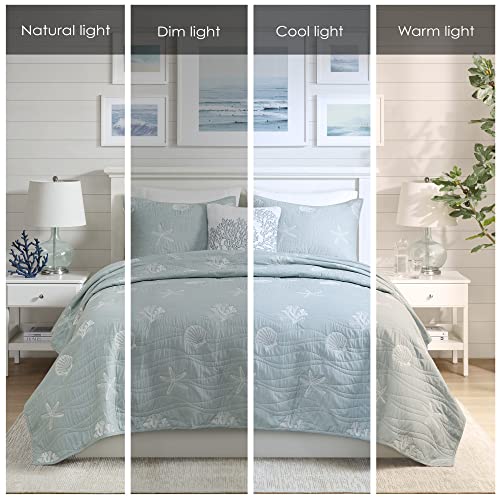Harbor House Seaside Reversible Cotton Quilt Set Coastal Clam, Starfish, Coral Embroidery, All Season, Pre-Washed Coverlet Bedding Layer, Decorative Pillow, Full/Queen(90"x90") Seafoam 4 Piece by Harbor House - Image 2