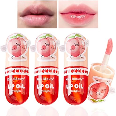 YIBABY 3Pcs Hydrating Lip Oil,Plumping Lip Oil Peach Flavored Lip Gloss Set Tinted Moisturizing Lip Gloss for Lip Care and Dry Lip