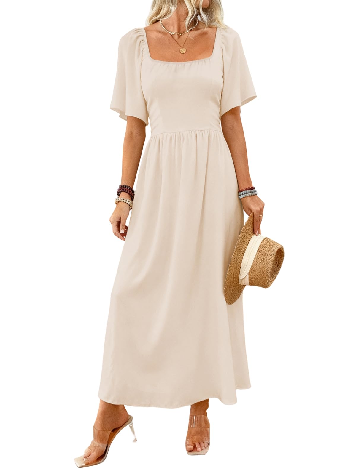 LIAMERHE Damen Kleid Maxi Kleid Elegant A-Linie Lang Freizeitkleid mit Karree-Ausschnitt Boho Strandkleid Vintage Hohe Taille Lässiges Partykleid