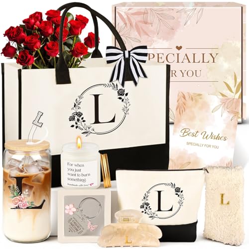 Birthday Gifts for Women, 10pcs Monogrammed Gifts for Women Initial Canvas Tote Bag, Makeup Bag, Glass Cup, Hair Clip, Candle Basket Birthday Personalized Gift for Her Woman Mom Wife Friend Teacher, L