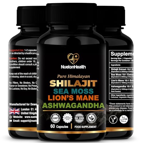 NuetonHealth Shilajit Sea Moss Lions Mane and Ashwagandha Capsules - Comprehensive All-in-One Wellness Supplement for Mind Body and Vitality - 60 Vegan Capsules