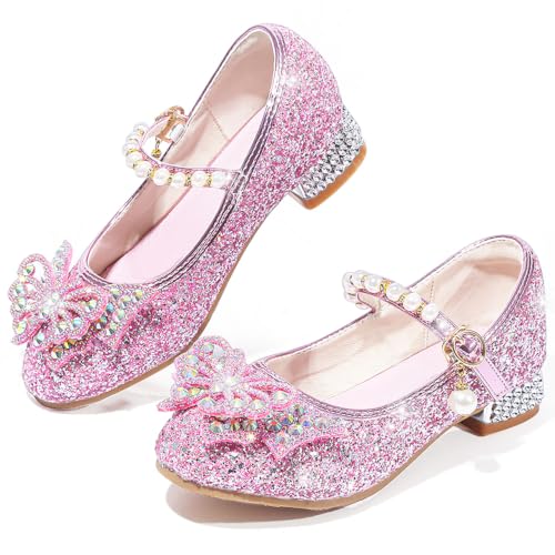 Image of Mokayu Girls Glitter Mary Jane Princesss Shoe Dress Shoes Low Heels Toddler Sequin Party Wedding Birthday Prom Cosplay Dance Up Shoes Pink UK11