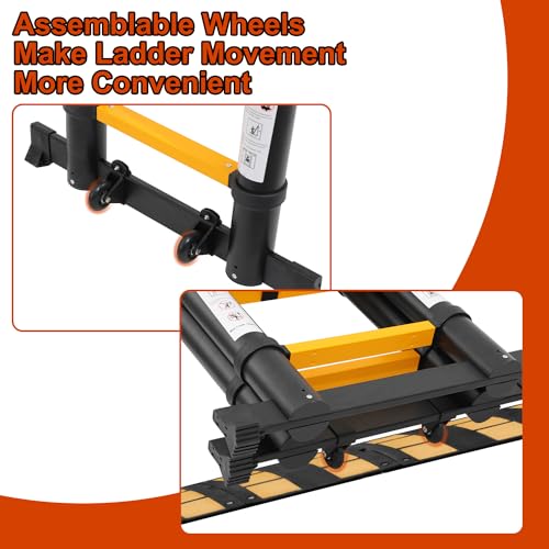 Herrselsam Teleskopleiter A-Rahmen, 3.8m(1.9m+1.9m) Klappleiter Alu Multifunktionsleiter mit Stabilisator Bar und Rädern, Rutschfester, Max Belastung 150 KG, Schwarz Gelb – Bild 8