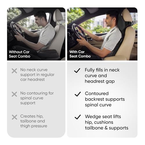 Image of Frido Premium Car Comfort Bundle with Memory Foam Neck Rest, Lumbar Backrest and Wedge Seat Cushion Set of 3, Ergonomic Neck Back and Tailbone Support for Long Drives and Daily Commutes | Black