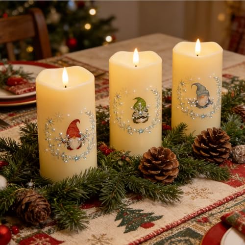 Image of Eywamage Gnomes Christmas Fiber Optic Flameless Candles with Remote, Snowflakes Flickering LED Battery Pillar Candles Set of 3