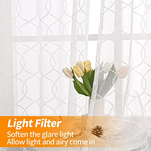 Youngstex Embroidered White Sheer Curtains Faux Linen Grommet Light Filtering Semi Sheer Window Drapes For Living Room And Bedroom, 2 Panels, 52 X 95 Inch, Circle #TOP2