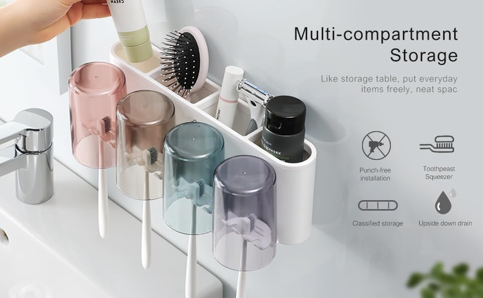 Image of Wall Mounted Toothbrush Holder | Bathroom Toothbrush Organizer with Magnetic Mouthwash Cups | Multi-Compartment, Dustproof & BPA-Free Brush Holder for Bathroom Storage 3 Section (3 Cup)