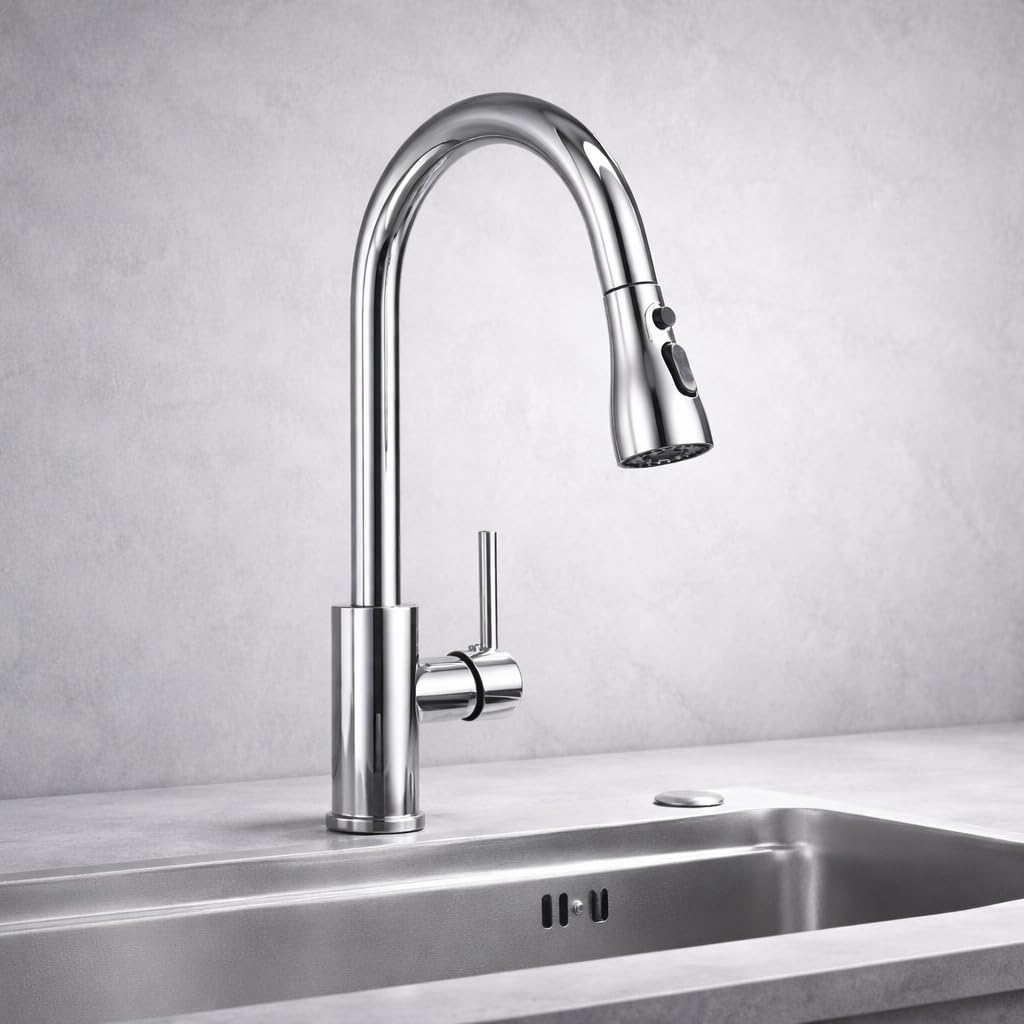 KELEMATI's Kitchen Tap Pull Out Faucet for Effortless Smooth Washing with 3 Modes, Controlled Water Flow & Flexible Spray, High Arc Swivel Mixer Tap, Stainless Steel, Easy Fit on Sink