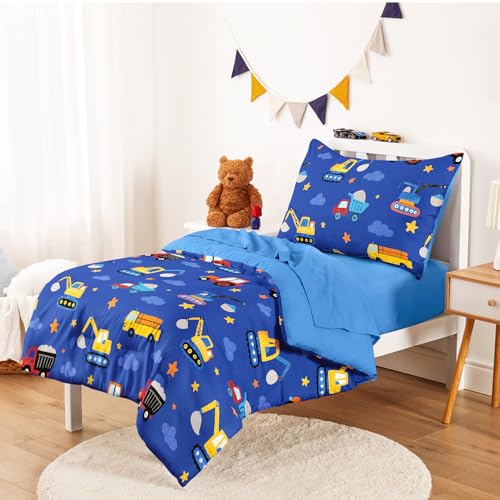 Image of Wake In Cloud - Toddler Bedding Set for Boys, Construction Car Excavator Truck, 4 Pieces Soft Crib Bed Set Including Comforter, Sheets and Pillowcase, Blue