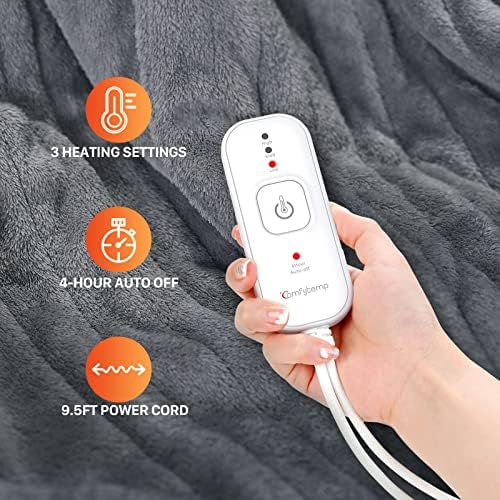 Comfytemp Heated Throw Blanket Single (160 X 130cm), Large Electric Throw with 3 Heat Settings, Auto Off, Fast Heating, Fluffy Heated Electric Overblanket for Sofa Bed Office, Machine Washable (Grey)