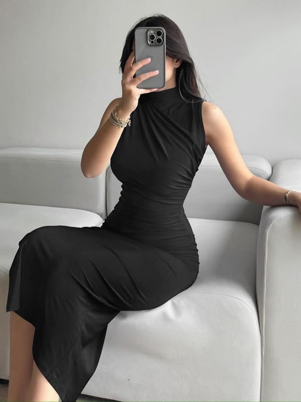 Robe Femme Sexy sans Manches Col Haut Robes Longue Moulante Elégant Bodycon Maxi Robe de Soirée D'éte Décontracté Wrap Robes Plissée avec Fendue pour Cocktail Prom Fête Clubwear