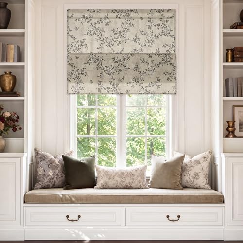 StangH Cordless Magnetic Roman Shades, Botanical Floral Linen Textured Window Blind Cottage Light Filtering Privacy Shade for Living Room Home Office, W 36 x L 64, 1 Panel