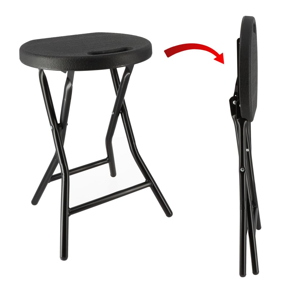 Tabourets pliants x2 - Ht 46cm - Tabouret pliable de Jardin, Terrasse, Balcon - Noir - Siège résine Structure Acier - Poignée