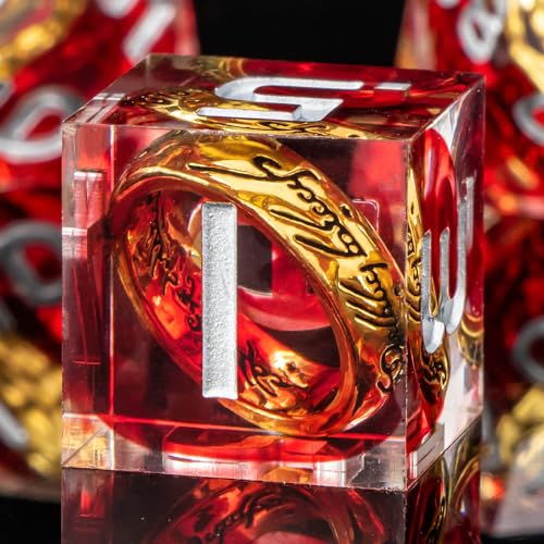 OUKELANWO Magic Lord Rings DND Dice Set with Box, 7Pcs LOTR D&D Dice Set for Role Playing Game, Red Polyhedral Sharp Edge Resin Dice D20 D12 D10 D8 D6 D4