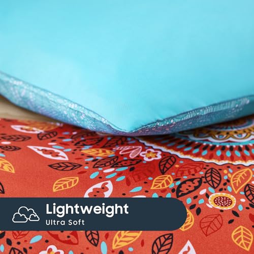 Image of Wake In Cloud - Boho Comforter Set, Bohemian Chic Colorful Medallion with Geometric Botanical Flowers and Horizontal Stripes, Soft Lightweight Bedding, 3 Pieces, Red Teal, King Size