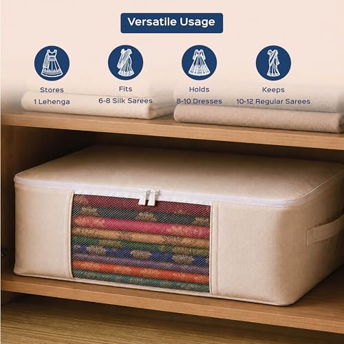 Image of Homestrap Cotton Clothes Storage Covers Pack of 3 | Breathable 100% Cotton Storage Bags with Mesh Window | Reusable & Dust-Proof Wardrobe Organizer for Sarees, Lehengas, Suits, Kurtis & Ethnic Wear