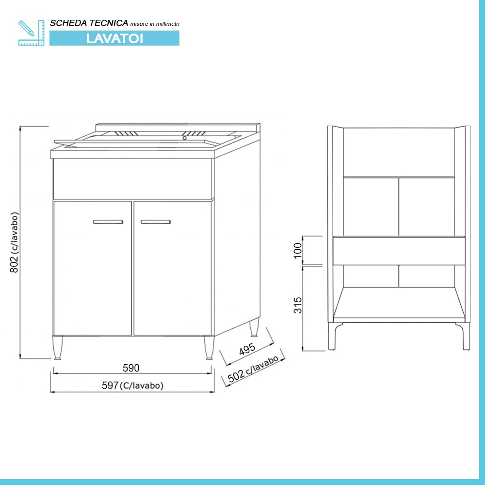 Inbagno Lavatoio con mobile e vasca in Resina resistente agli acidi, Completo di ASSE di Lavaggio e Kit sifone + piletta (60x50 cm 2 Ante, Rovere Grigio)