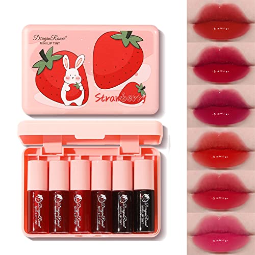 6 Colors Water Tint Lip Stain Set Plumping Mini Liquid Lipstick Moisturizing Lip Oil Tinted Lip Stain Long Lasting Non-Sticky Lip Plumping Set For Women Daily Lip Makeup #TOP14