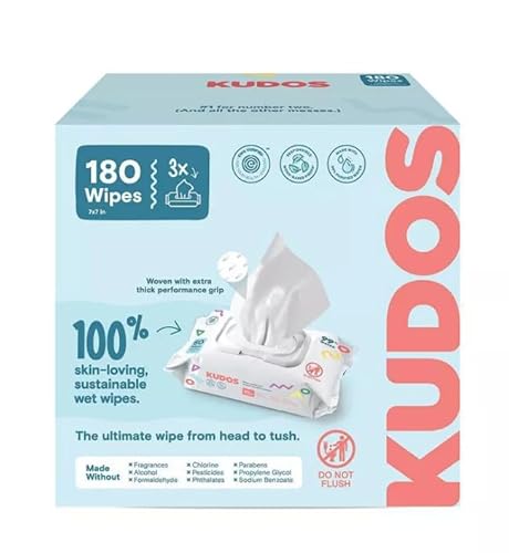 Kudos ~ Skin-Loving Baby Wipes, Plastic-Free, Unscented, 180 Count (3 Pack of 60)
