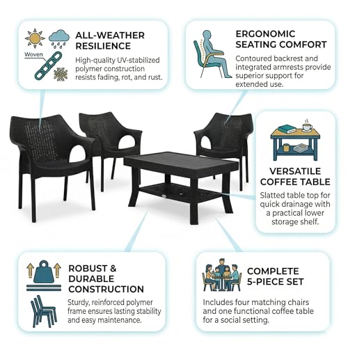 Image of Oaknest Supreme Cambridge with Vegas Plastic Outdoor Chair and Table Set | 4 Rattan Chairs + 1 Table | Weatherproof, Lightweight | Garden & Patio Use Black