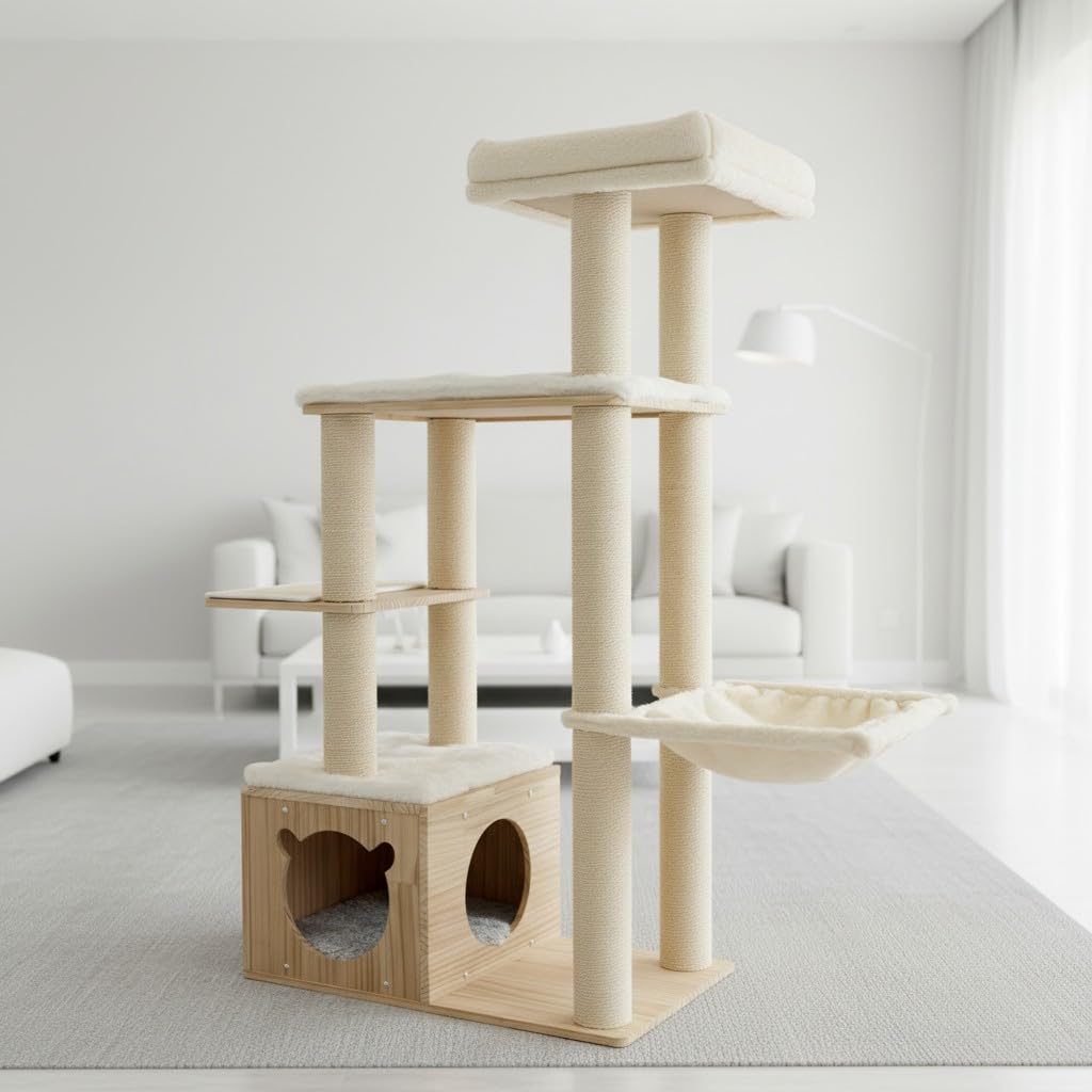 Arbre à chat en bois de pin Meraki Home : meuble robuste et luxueux pour grands chats