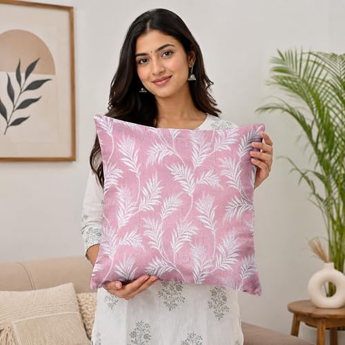 Image of Divine Casa Cushion Covers Set of 5 Light Pink | 16x16 Inch Jacquard Sofa Cushion Covers | Decorative Leaf Pattern Throw Pillow Covers for Kids Room & Living Room