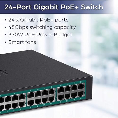 Image of TRENDnet 24-Port Gigabit PoE+ Switch, TPE-TG240g, 370W Power Budget, 48Gbps Switching Capacity, Ethernet Splitter, NDAA & TAA Compliant, IEEE 802.3at, Metal, Lifetime Protection, Black