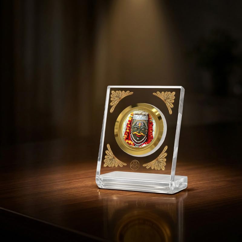 Image of DIVINITI 24K Gold Plated Lord Mahakaleshwar Acrylic Frame for Car Dashboard, Home Temple & Office Table | Premium Spiritual Gift, Blessings for Protection & Positivity, 8x7 cm Decorative Showpiece