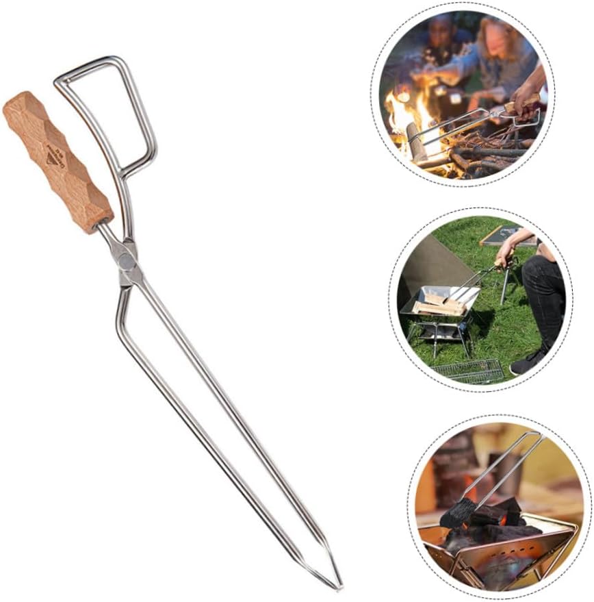 Totority Stainless Steel Charcoal Clip Barbecue Tongs with Solid Beech Handle High Temperature Resistant Fire Pit Tool for Outdoor Cooking Bbq Grill and Home Use