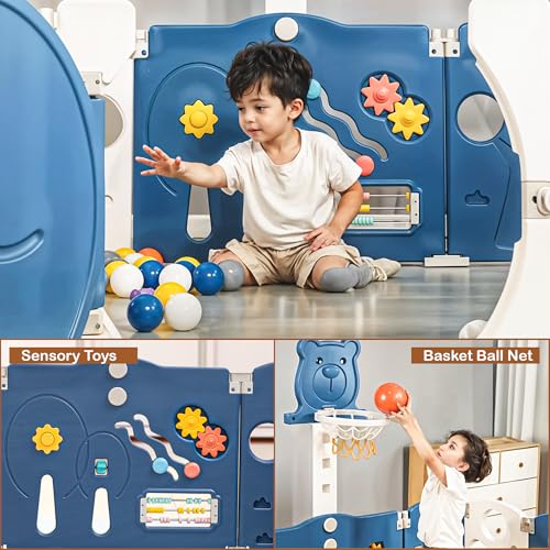 Image of Baybee 2 in 1 Foldable Kids Playpen for Babies | Baby Play Area Indoor Setup with Basketball Set, Sensory Toys, Safety Lock, & Double Knob | Outdoor Play Pen for Kids for 0-5 Years | Baby Activity Playards for 0-5 Years (16 Panels)