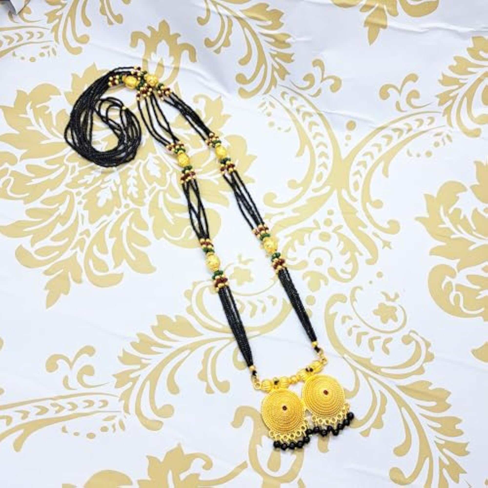 34 Inch Long Black Bead Gold Plated Maharashtrian Vati Mangalsutra