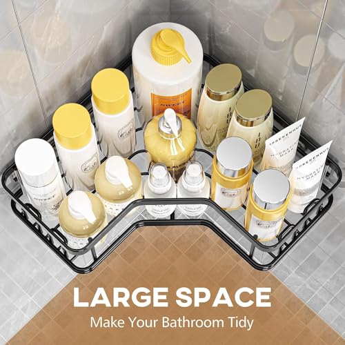 RIOMAX Wall Mounted Self-Adhesive Bathroom Corner Shelf/Kitchen Rack & Holder - Bathroom Accessories (Material - Metal, Powder Coated Finish, Black, Thick Railing Pack of 1) (Image - 4)