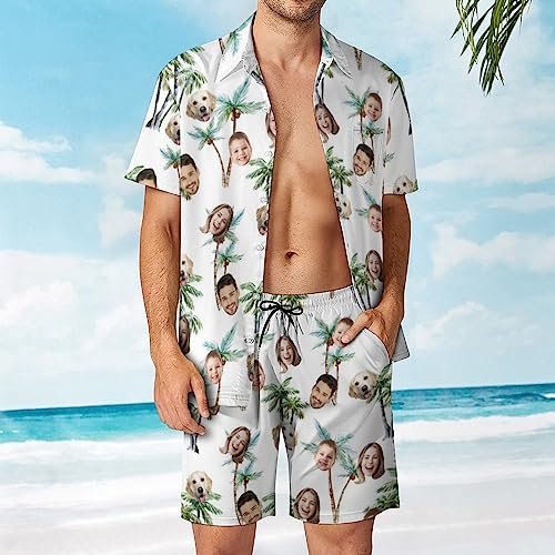 Personalized Photo Face Hawaiian Matching Set,Custom Men's 2 Piece Outfits Short Sleeve Shirt and Shorts Suits2