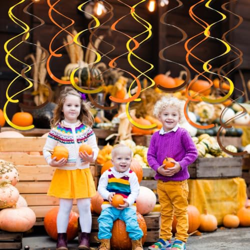 Image of 24 PCS Gold Brown Orange Hanging Swirl,Sparkle Ceiling Hanging Decorations,Plastic Streamer Party Decorations with Double-Swirls and Single-Swirls for Fall Birthday, Harvest, Thanksgiving Day,Wedding