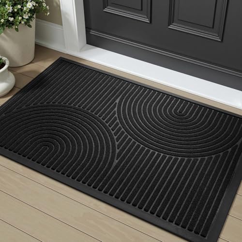 Front Door Mat Outdoor Mat Indoor Doormat for Entrance Mat Entryway Rug Heavy Duty Non Slip Rubber Absorbent Entry Rug Dirt Scraping Shoe Mat 43x75cm Black