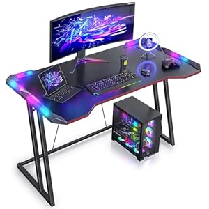 CubiCubi Gaming Desk with LED Lights, 120 x 60cm RGB Computer Desk Z Shape, Gaming Table for Home Office, Black