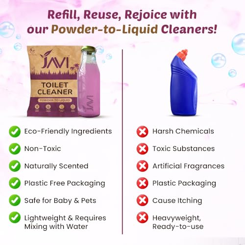 Image of Javi Plant Based Toilet Cleaner | Non-Toxic, Eco-Friendly and Biodegradable | Elimimates Yellow Stains Limescale & Germs | Plastic free Packaging | Powder to liquid | 6Sachet = 3lit