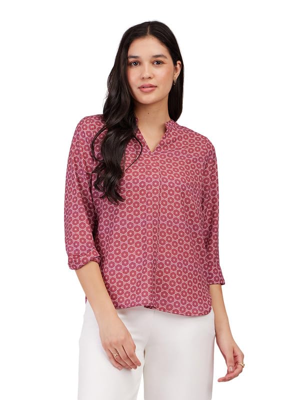 Image of FableStreet Women Shirt Work & Casual | Relaxed Fit Mandarin V-Neck Three-Quarter Sleeves Solid Pattern | Breathable Woven Fabric for Office & Everyday Wear