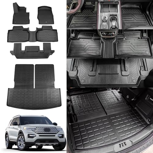 Rongtaod Floor Mats Compatible with 2020-2025 Ford Explorer 6 Seats Captain Chairs Trunk Liner Cargo Liner Cargo Mat Back Seat Cover 2024 Explorer Accessories (Trunk Mat with Backrest Mat+Floor Mats)
