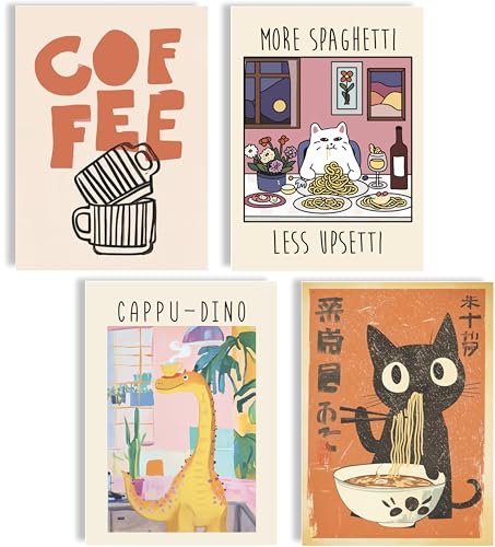 mojoliving Lustige Poster Set Kaffee Pasta Tiere Illustration Wandbilder A4 Moderne Kunstdrucke Humorvolle Deko für Küche Wohnzimmer Büro Café