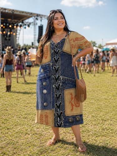 Image of SUZONANA Plus Size Denim Print Maxi Dresses for Women Casual V Neck Short Sleeve with Pockets Soft Jean Look Dress XL-6XL