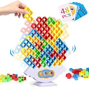 48 Pcs Tetra Tower Game, Stack Attack Family Board for 2 Players Family Games, Building Blocks Stacking Balance Games Toys for Kids, Adults, Friends, Classroom, Family and Travel Party